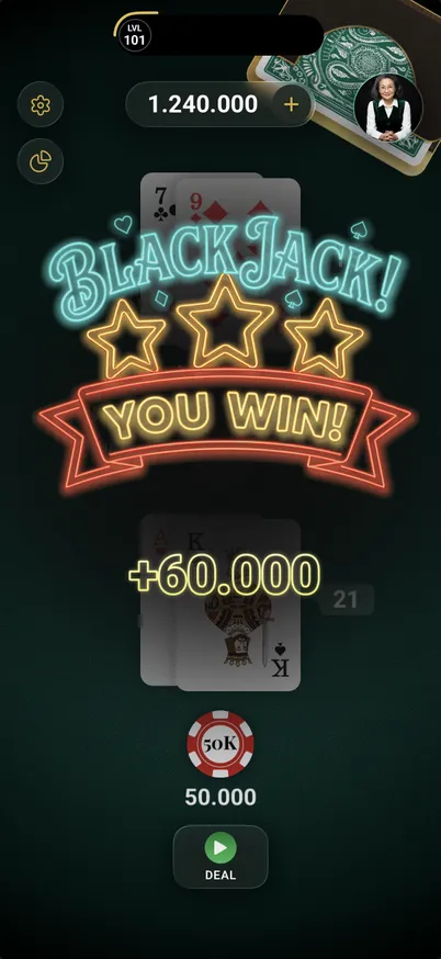 TrueCount win screen with neon "Blackjack! You Win!" lettering, three stars, and a 60,000 credit payout on a 50,000 credit bet